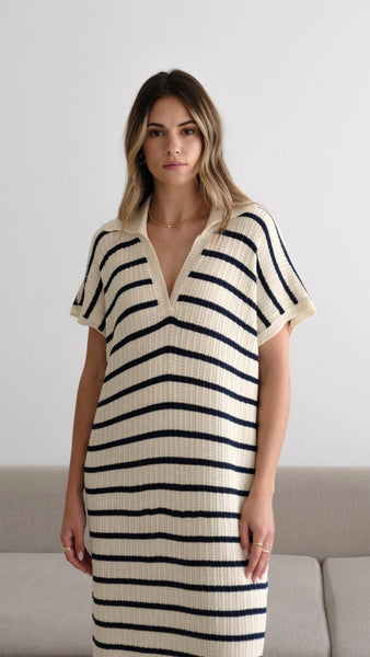 ERIN KNIT DRESS - ECRU/NAVY