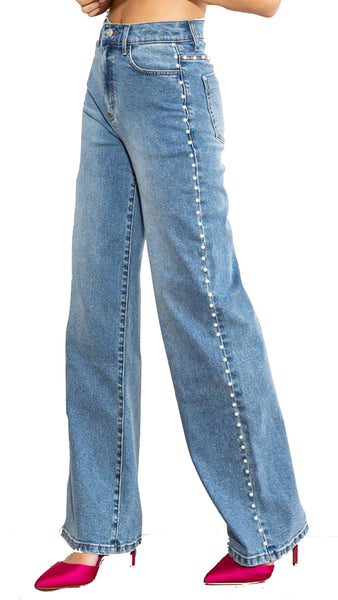 STUDDED PEARL HIGH RISE WIDE LEG JEAN *Last One -24*