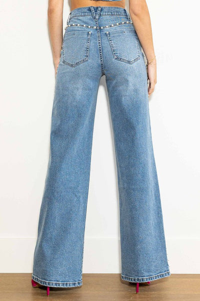 STUDDED PEARL HIGH RISE WIDE LEG JEAN *Last One -24*