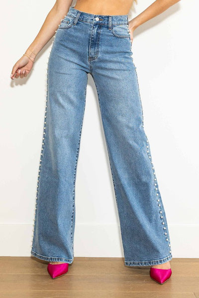STUDDED PEARL HIGH RISE WIDE LEG JEAN *Last One -24*