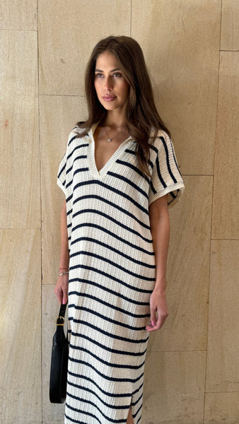 ERIN KNIT DRESS - ECRU/NAVY
