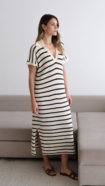 ERIN KNIT DRESS - ECRU/NAVY