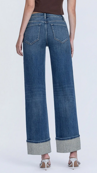 Mid Rise Rhinestone Cuffed Blue Denim