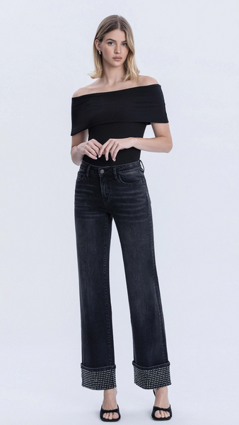 Mid Rise Rhinestone Cuffed Black Denim