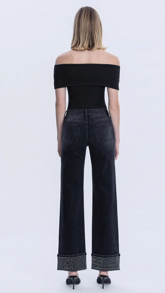 Mid Rise Rhinestone Cuffed Black Denim