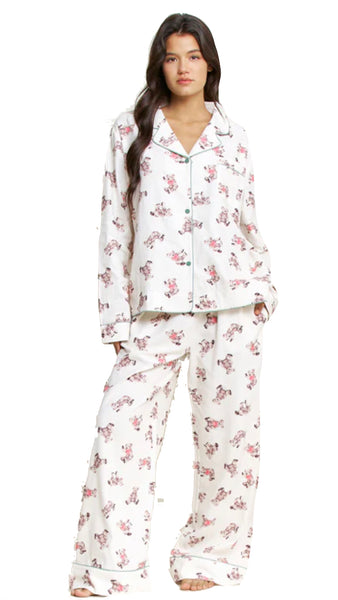 Snooze Mode Long PJ Set in Ivory Teddies