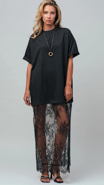 Mixed-Media T-Shirt Dress w/ Sheer Lace Skirt