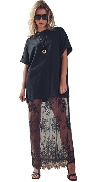 Mixed-Media T-Shirt Dress w/ Sheer Lace Skirt
