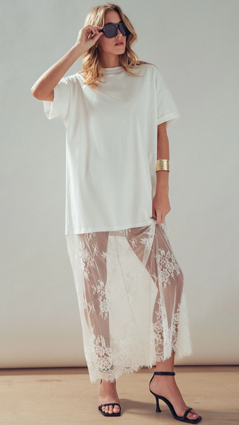 Mixed-Media T-Shirt Dress w/ Sheer Lace Skirt