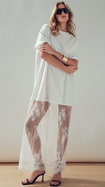 Mixed-Media T-Shirt Dress w/ Sheer Lace Skirt