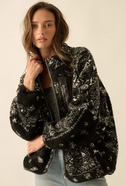 Paisley-Print Sherpa Fleece Zip-Up Pocket Jacket