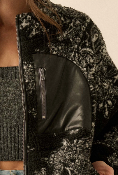 Paisley-Print Sherpa Fleece Zip-Up Pocket Jacket