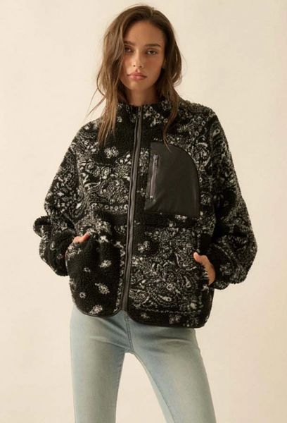 Paisley-Print Sherpa Fleece Zip-Up Pocket Jacket