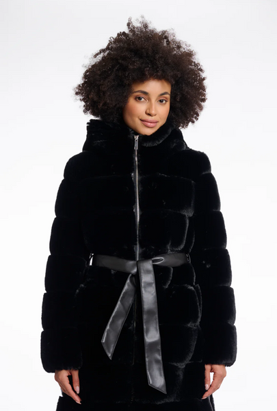 BRIDGET FAUX FUR COAT WITH PU DETAILS