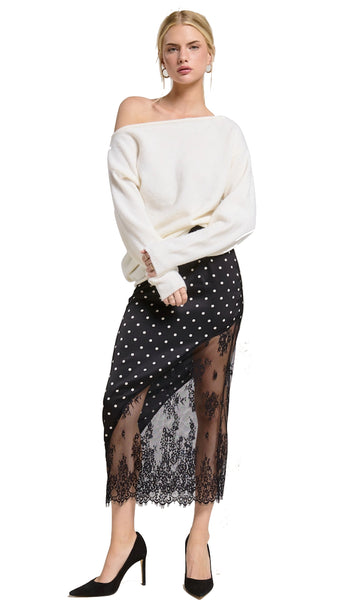 Polka Dot Lace Contrast Midi Skirt