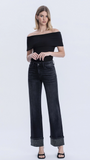 Mid Rise Rhinestone Cuffed Black Denim