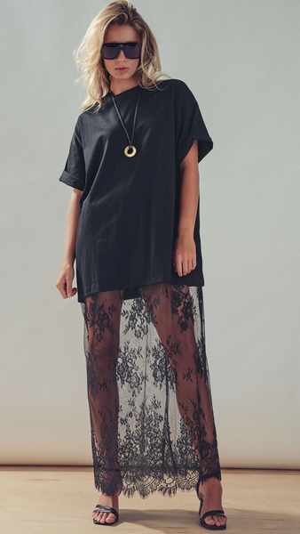 Mixed-Media T-Shirt Dress w/ Sheer Lace Skirt