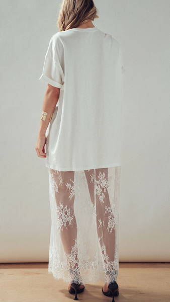 Mixed-Media T-Shirt Dress w/ Sheer Lace Skirt