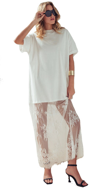 Mixed-Media T-Shirt Dress w/ Sheer Lace Skirt