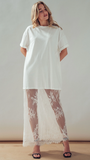 Mixed-Media T-Shirt Dress w/ Sheer Lace Skirt