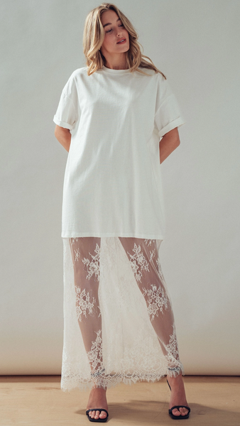 Mixed-Media T-Shirt Dress w/ Sheer Lace Skirt