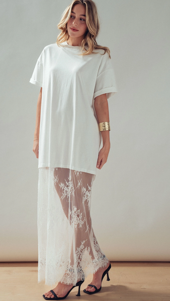 Mixed-Media T-Shirt Dress w/ Sheer Lace Skirt