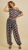 One Shoulder Plaid Drape Set with Balloon Pants