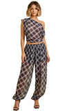 One Shoulder Plaid Drape Set with Balloon Pants