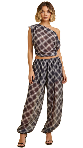 One Shoulder Plaid Drape Set with Balloon Pants