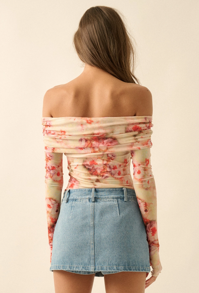 Floral Mesh Off-Shoulder Foldover Long-Sleeve Bodysuit