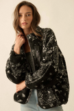 Paisley-Print Sherpa Fleece Zip-Up Pocket Jacket