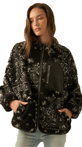 Paisley-Print Sherpa Fleece Zip-Up Pocket Jacket