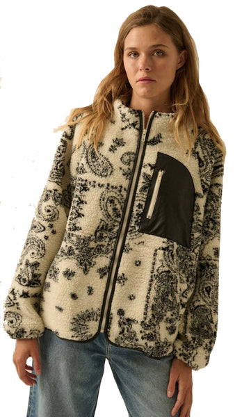 Paisley-Print Sherpa Fleece Zip-Up Pocket Jacket