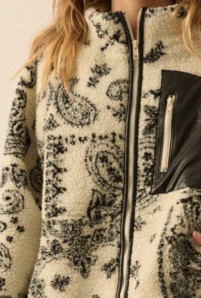 Paisley-Print Sherpa Fleece Zip-Up Pocket Jacket