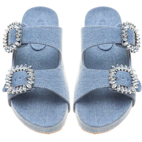 MYSTIQUE MIRAMAR DENIM EMBELLISHED BUCKLE SLIDES