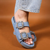 MYSTIQUE MIRAMAR DENIM EMBELLISHED BUCKLE SLIDES