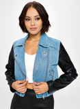 Cropped Denim Moto with Faux Leather Sleeves