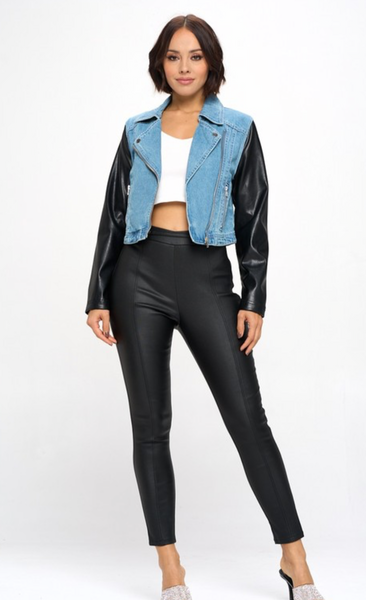 Cropped Denim Moto with Faux Leather Sleeves